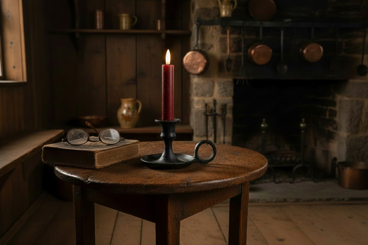 Red candle in a black holder on a wooden table in a rustic room with stone walls and wooden shelves.