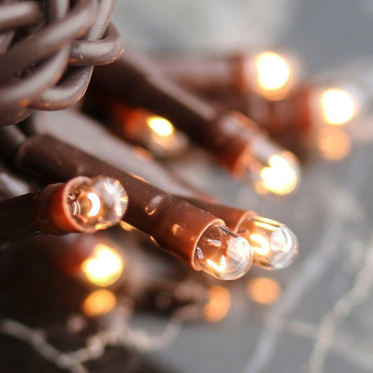 A string of brown wire teeny rice lights illuminated, displaying a warm glow.