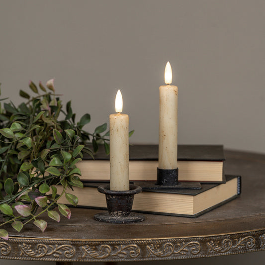 Two lit candles on books with a plant in the background