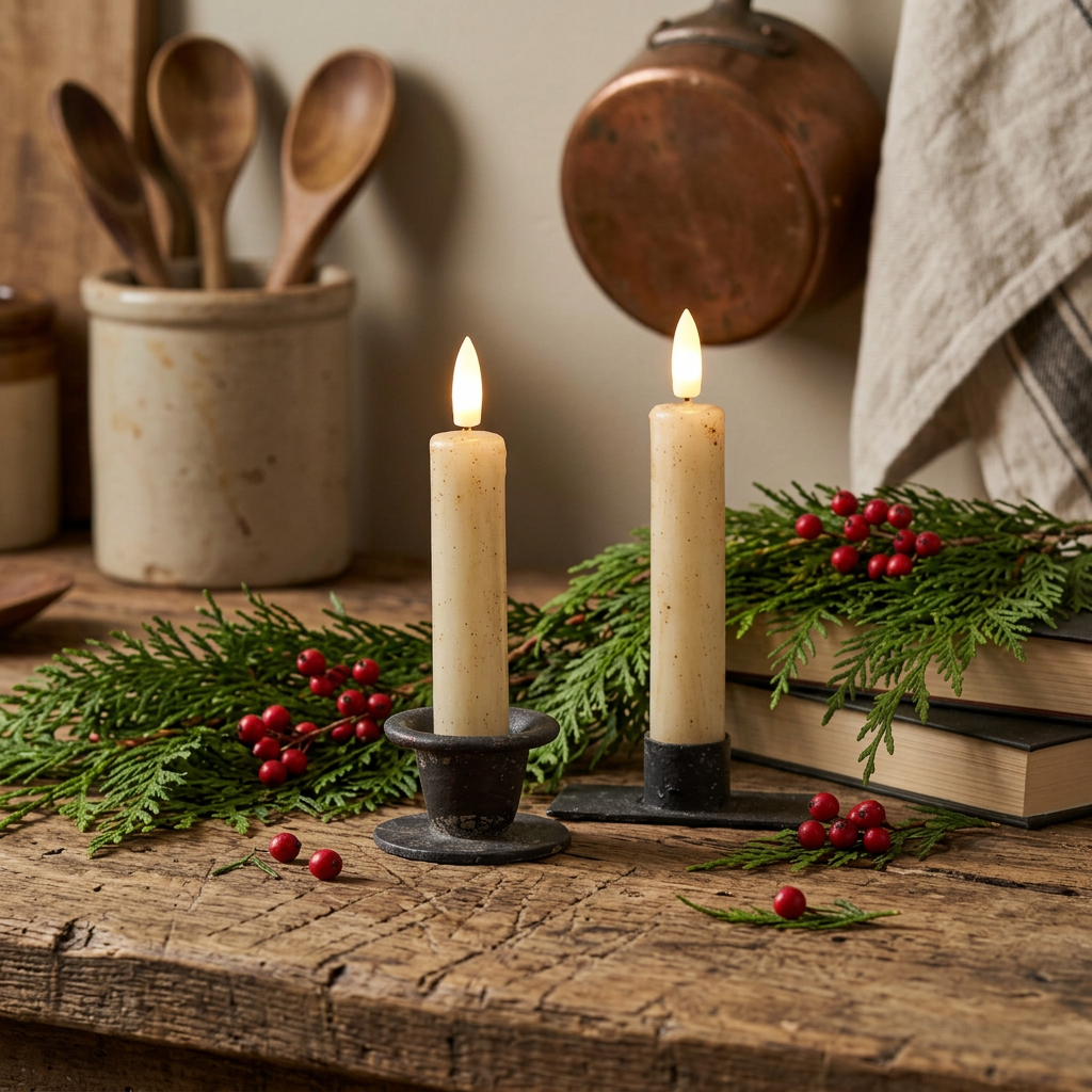 Two battery operated taper candles in kitchen setting with fresh cedar greens and berries.