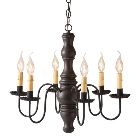 A sophisticated, textured black over red finished Gettysburg wooden chandelier with six E12/Candelabra sockets, featuring handcrafted details such as crimped pans and textured arms, suspended from a chain.