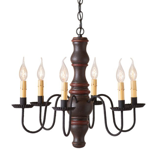 A Gettysburg wooden chandelier with a textured black finish over a red stripe, featuring six E12/Candelabra sockets, black textured arms, and a ceiling plate.