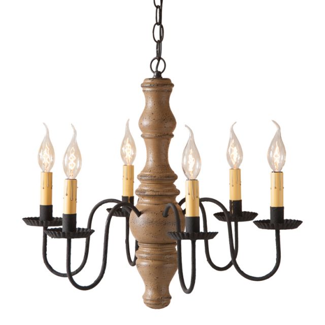 A Gettysburg wooden chandelier with a pearwood finish, black textured arms, and six candle-style lights.