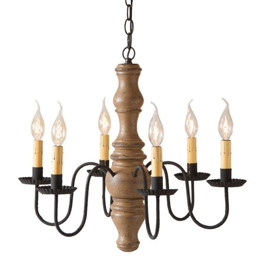 A Gettysburg wooden chandelier with a pearwood finish, black textured arms, and six candle-style lights.