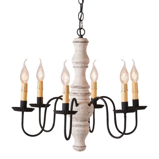 A Gettysburg wooden chandelier with a vintage white finish and black textured arms, featuring six E12/Candelabra sockets.