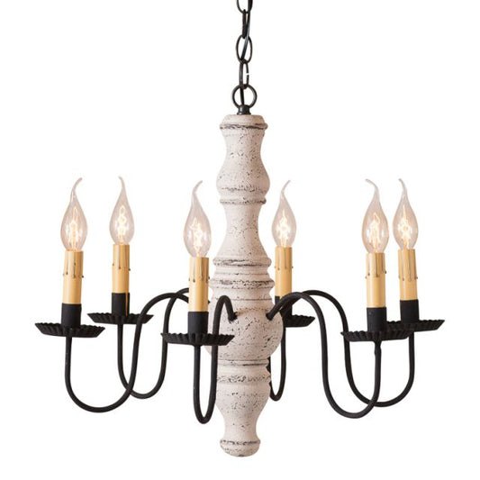 A Gettysburg wooden chandelier with a vintage white finish and black textured arms, featuring six E12/Candelabra sockets.