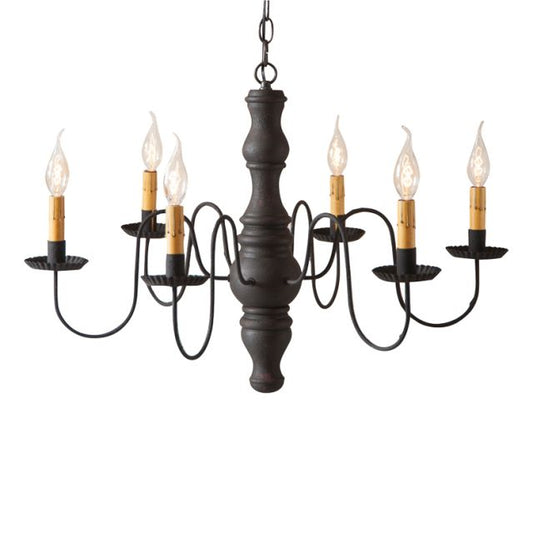 A wooden chandelier with a black textured finish and crimped pans, featuring six hanging lights.