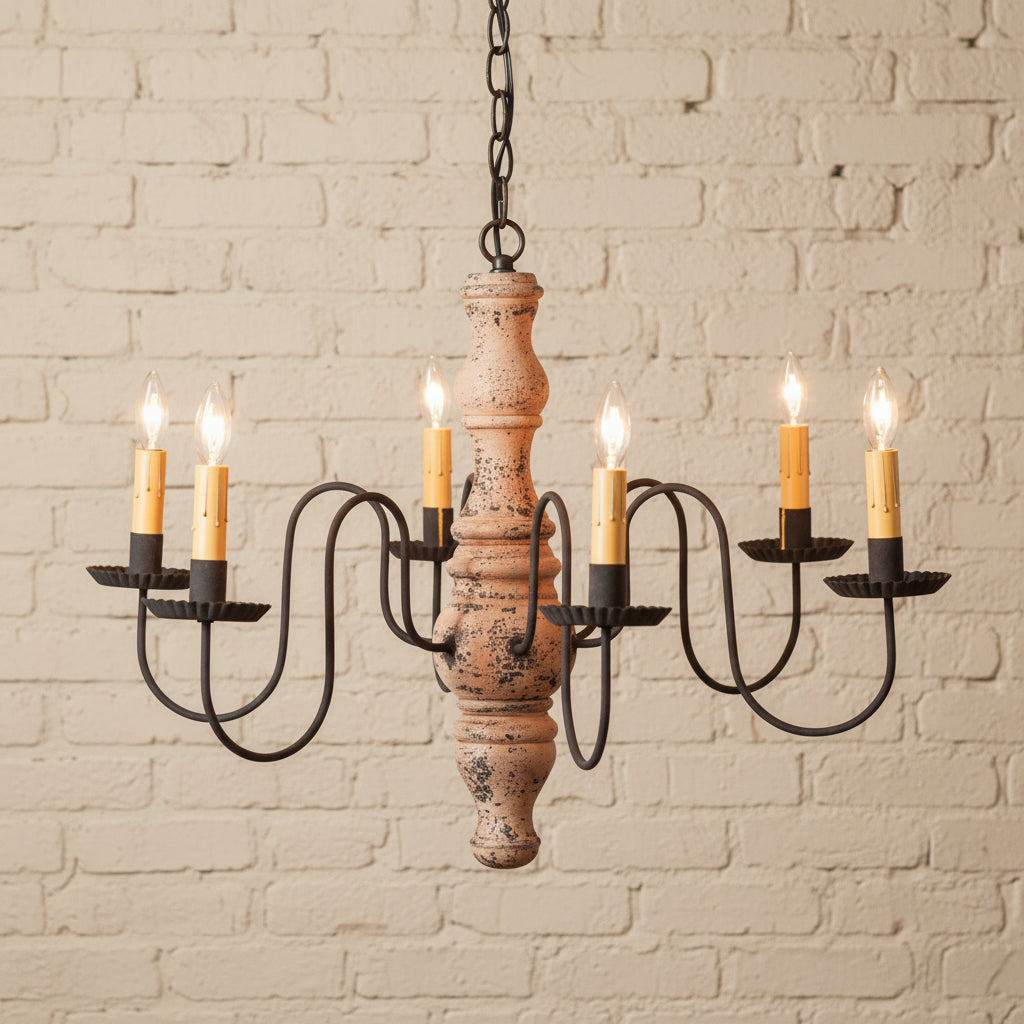 Chandelier with wooden base and candle-style lights on a white background