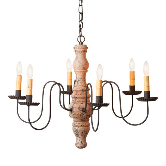 A Gettysburg wooden chandelier with a Hartford buttermilk finish, featuring a textured painted design, black distressed arms, and hanging from a chain.