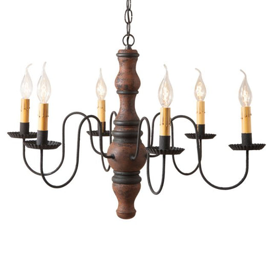 A Gettysburg wooden chandelier with a Hartford pumpkin and black stripe paint finish, featuring black textured arms and crimped pans, with E12/Candelabra sockets.