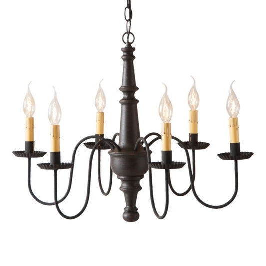 A textured black chandelier with crimped pans on the arms, featuring a red finish and hanging from a chain.