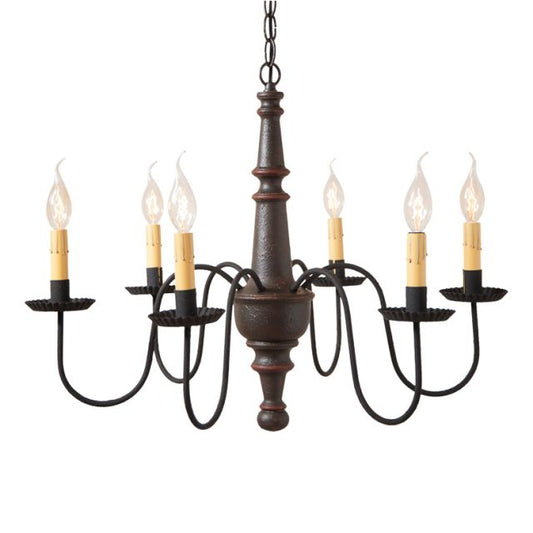 A ceiling-mounted chandelier with textured espresso finish and black arms with crimped pans, featuring a series of candle-like lights.