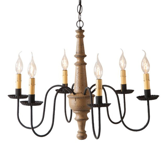 A ceiling-mounted chandelier with textured pearwood finish and black arms with crimped pans, featuring a series of lights.
