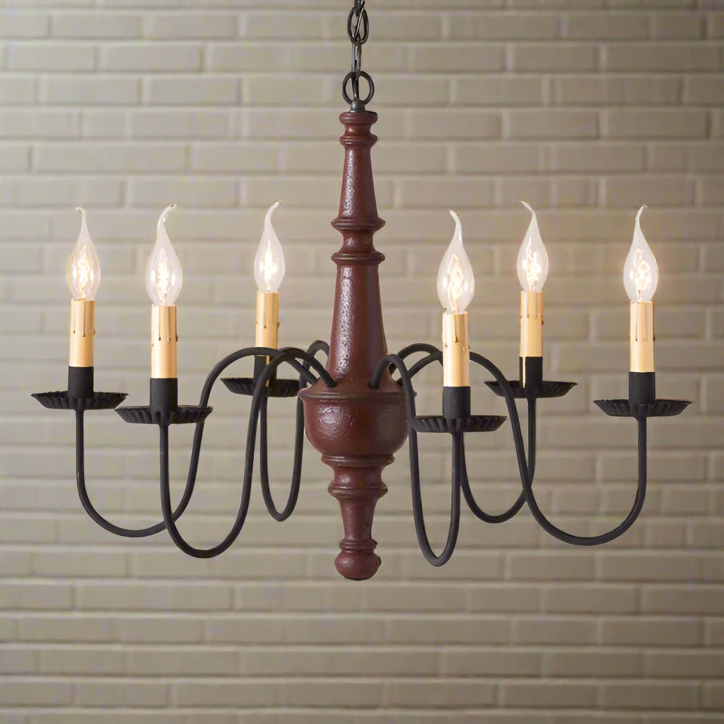 A textured Plantation Red finish chandelier with black arms and crimped pans, featuring a ceiling mount design.