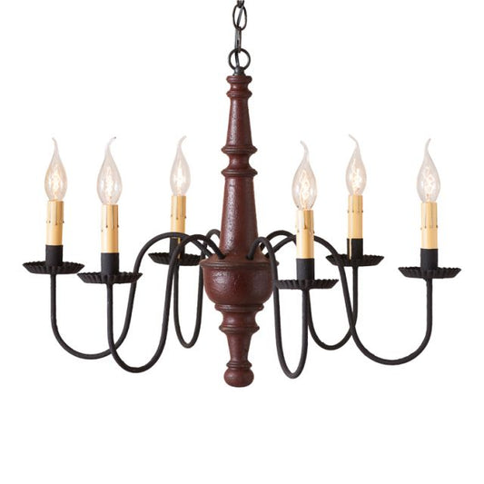 A textured Plantation Red finish chandelier with black arms and crimped pans, featuring a ceiling mount design.