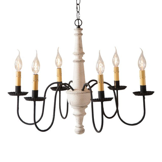 A vintage-style chandelier with a textured white finish and black arms featuring crimped pans. It has six E12/Candelabra sockets and is hung from a chain.