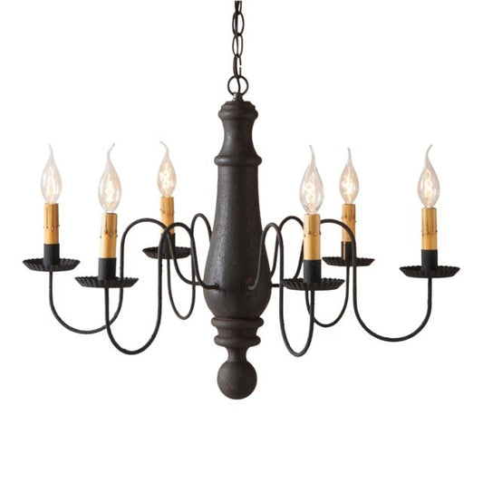 Antique-style wooden chandelier with black textured arms and red accents, featuring multiple candle-like lights.