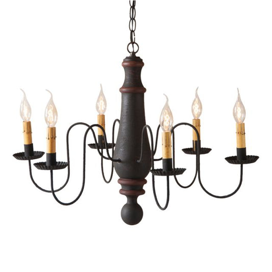 A textured black wooden chandelier with red stripes, featuring a series of lights and a central decorative element, designed for hanging in a kitchen or dining area.
