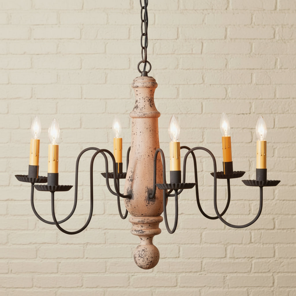 Chandelier with wooden base and candle-style lights on a white background