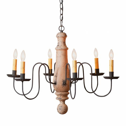 A Large Norfolk wooden chandelier with a Hartford buttermilk finish, featuring a textured, antique look with black arms and a chain of lights.