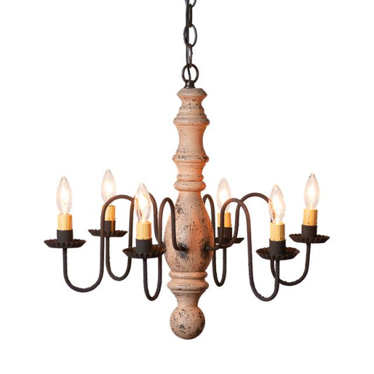 Manassas Wooden Chandelier in Hartford Buttermilk featuring six candelabra sockets on white background.