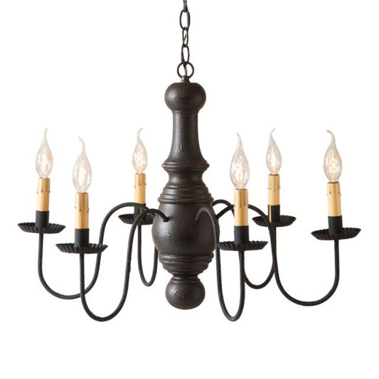 A black, textured chandelier featuring a ceiling plate and six E12/Candelabra sockets.