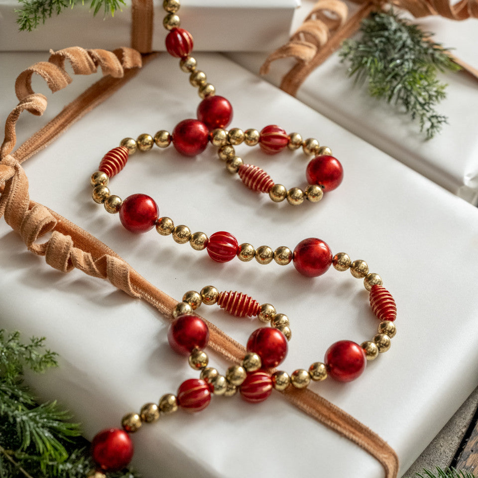 Decorative red and gold beaded garland on a white surface with greenery.