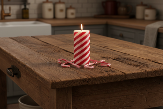 Red and white striped candle on a wooden table in a kitchen setting