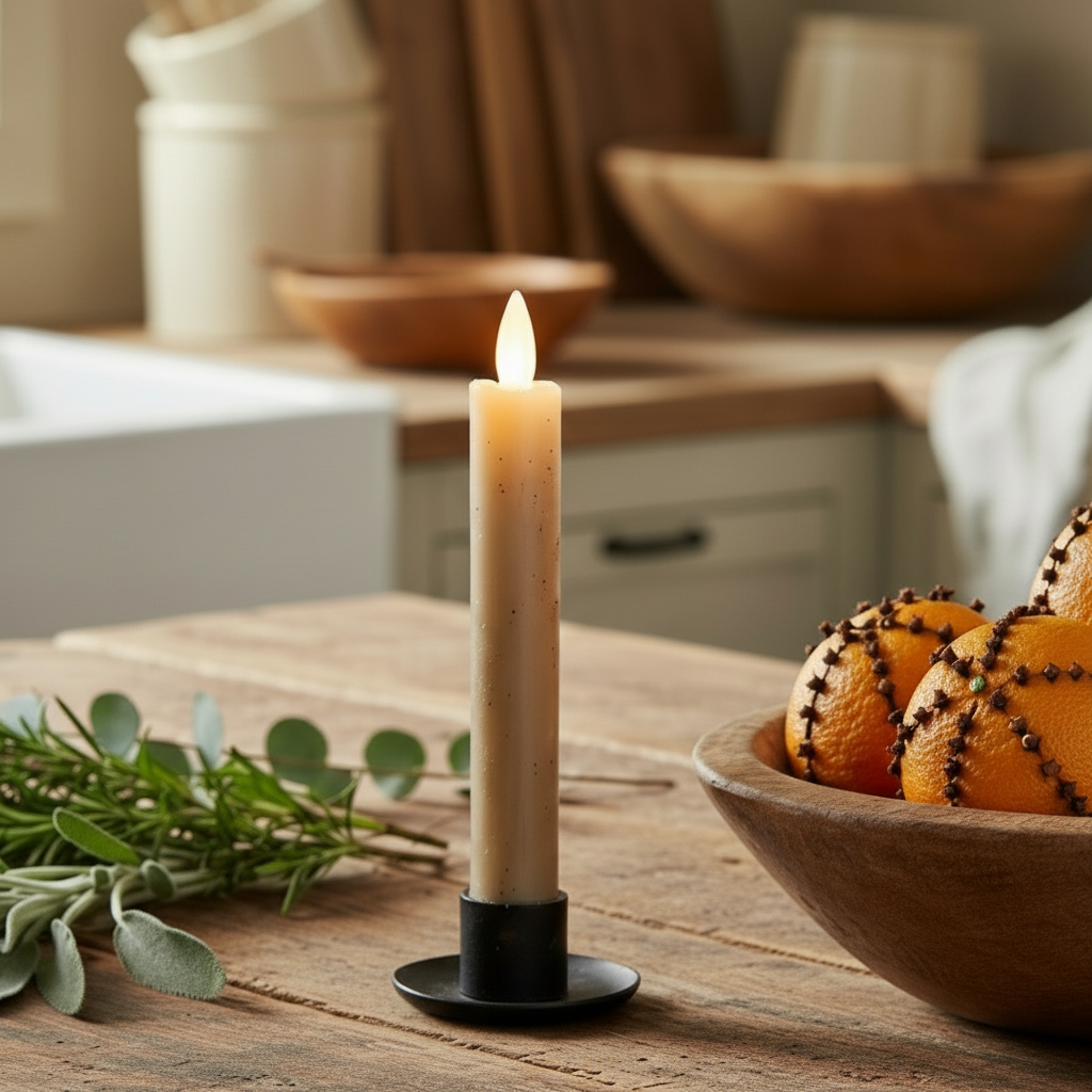 Candle on a wooden table with a bowl of oranges and greenery in a kitchen setting