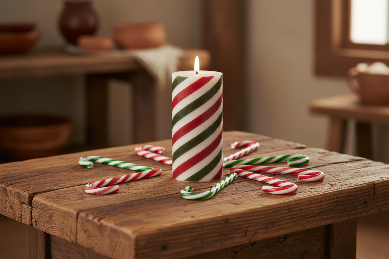 Striped candle with candy canes on a wooden table