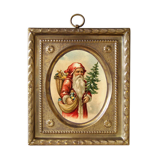 Santa Claus w/ Tree & Toys Print in Brass Frame