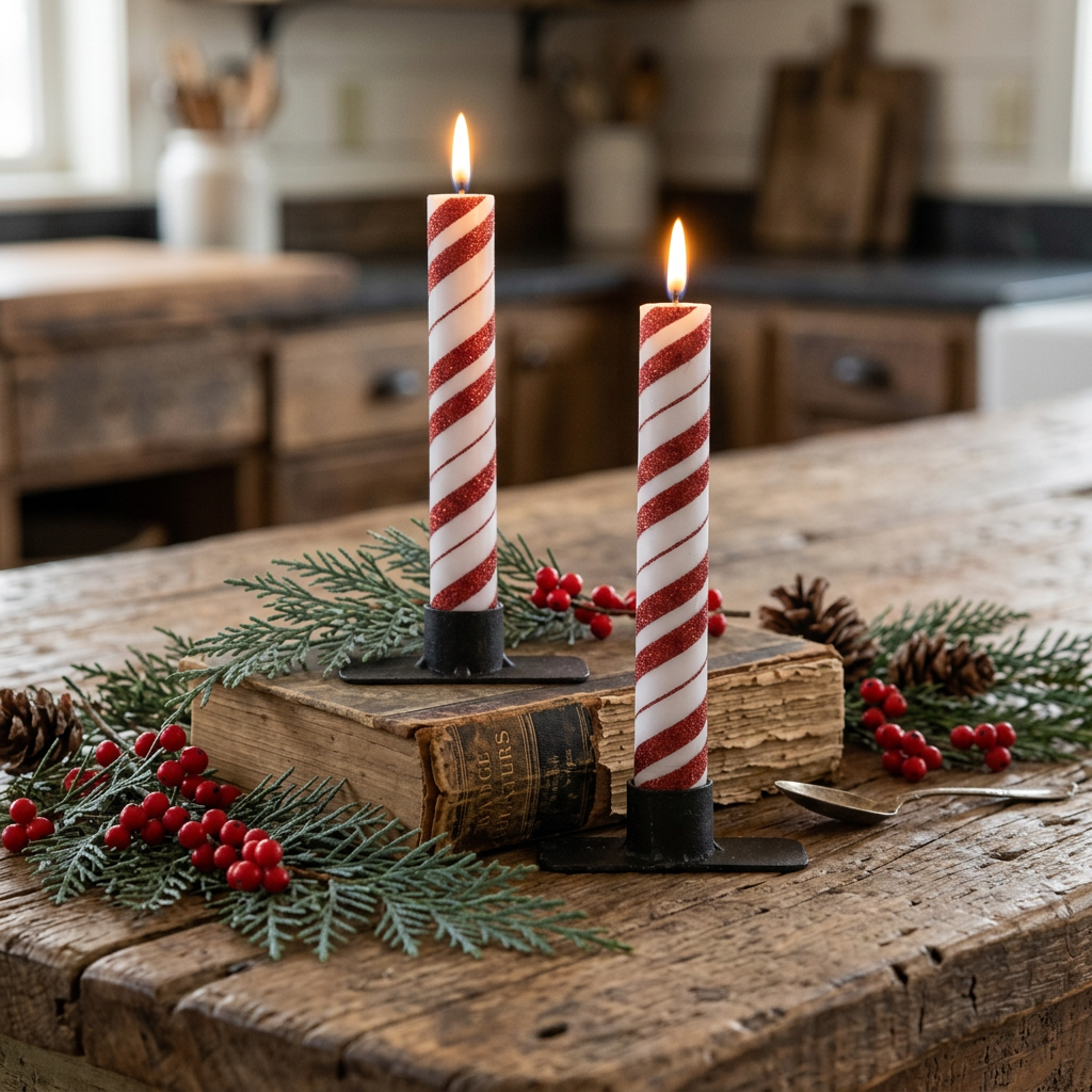 6 1/2" Red 3D Flame Candy Cane Taper Candles