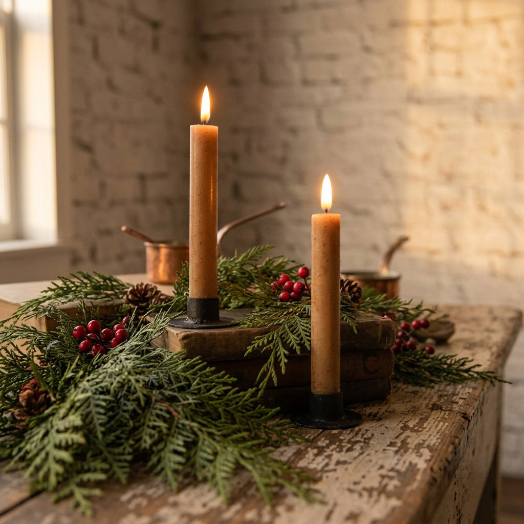 Two beige battery operated taper candles on antique books with greens and berries.