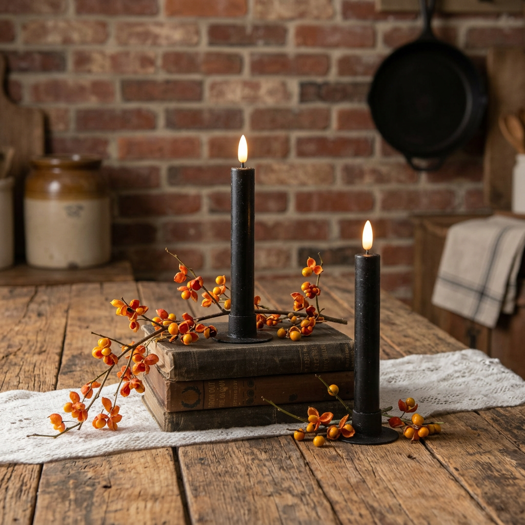Two black battery operated taper candles on wooden taper with bittersweet and antique books.