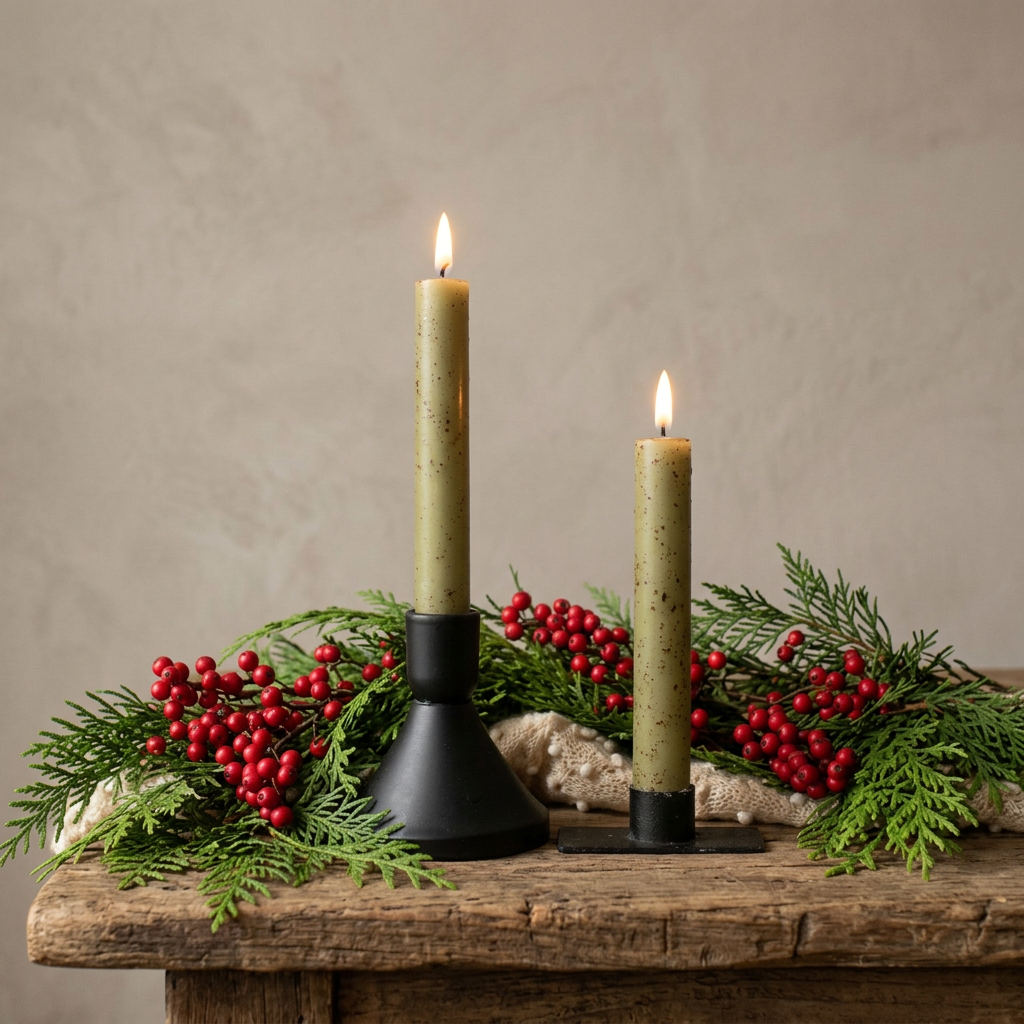 Two green color battery operated tapers on wood table with greens and berries.