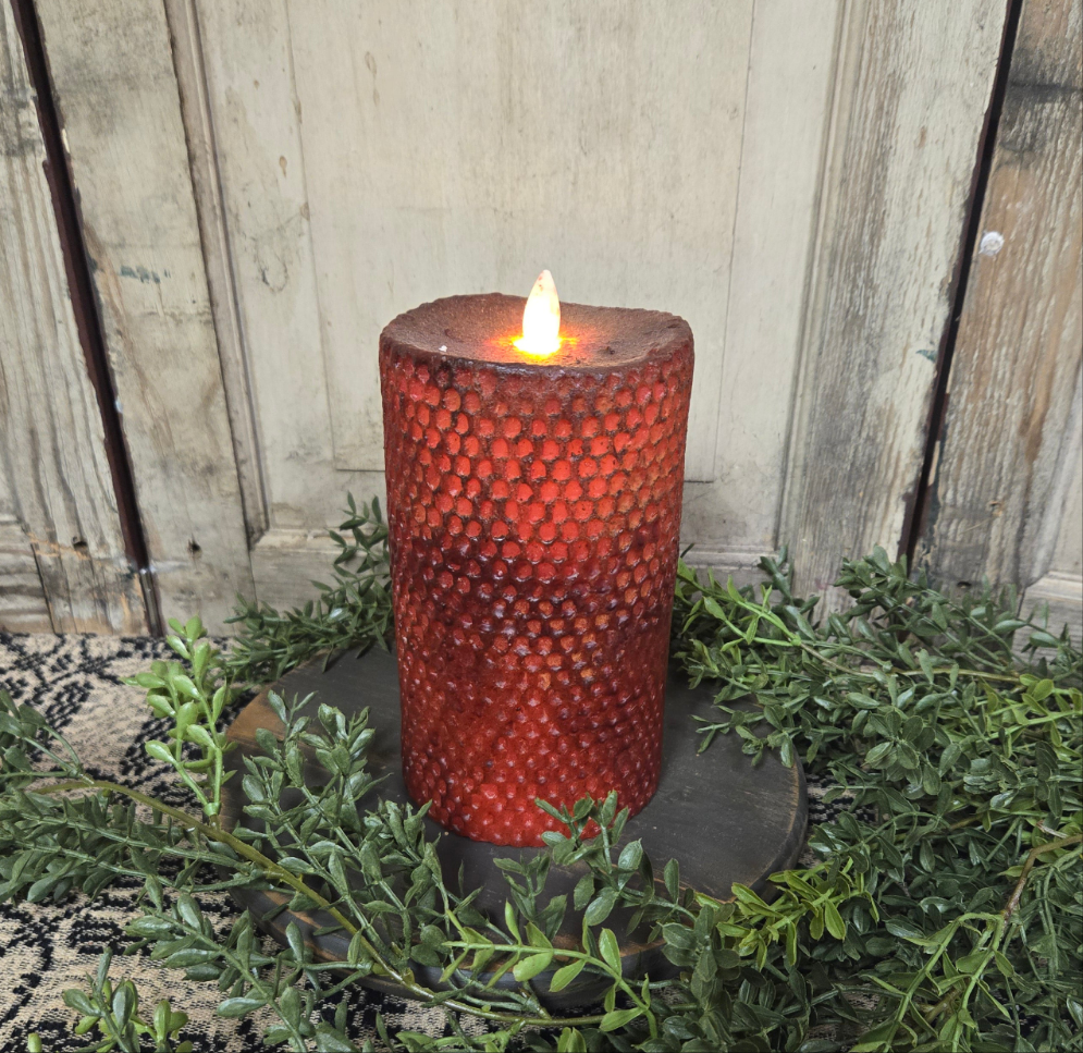 7 inch moving flame beeswax honeycomb pillar candle in red.