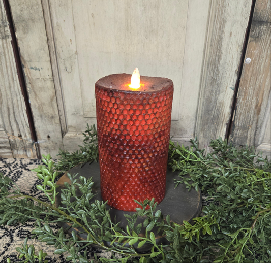 7 inch moving flame beeswax honeycomb pillar candle in red.