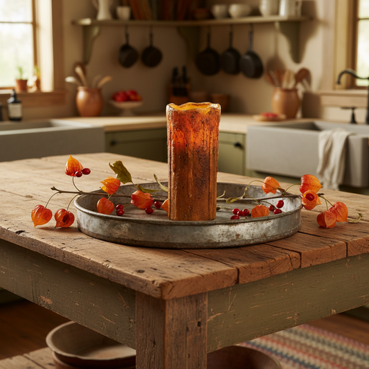 Decorative candle on a metal tray with autumn-themed decorations on a wooden table in a kitchen.