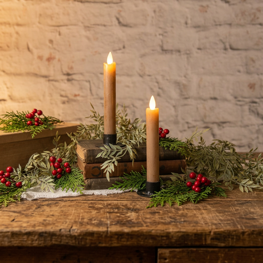 Two beige battery operated moving flame tapers on antique books with fresh greens and berries on wooden table.