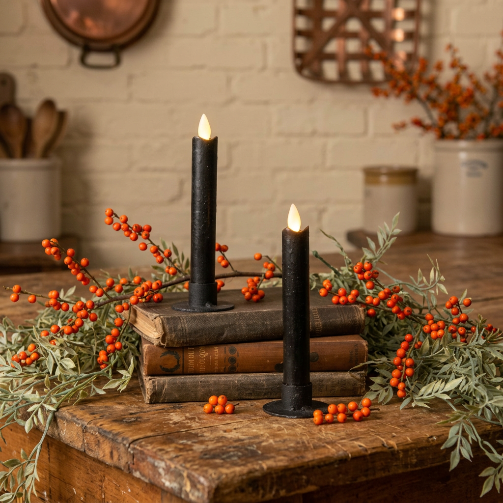 Pair of black battery operated taper candles on antique books with bittersweet in a primitive kitchen setting.