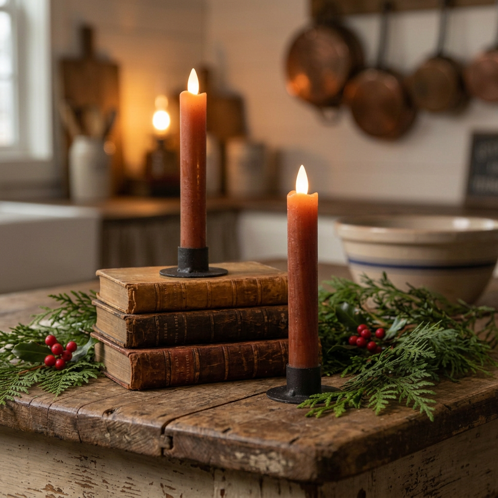 Two bronze battery operated taper candles on antique books with greens and berries in primitive kitchen setting.