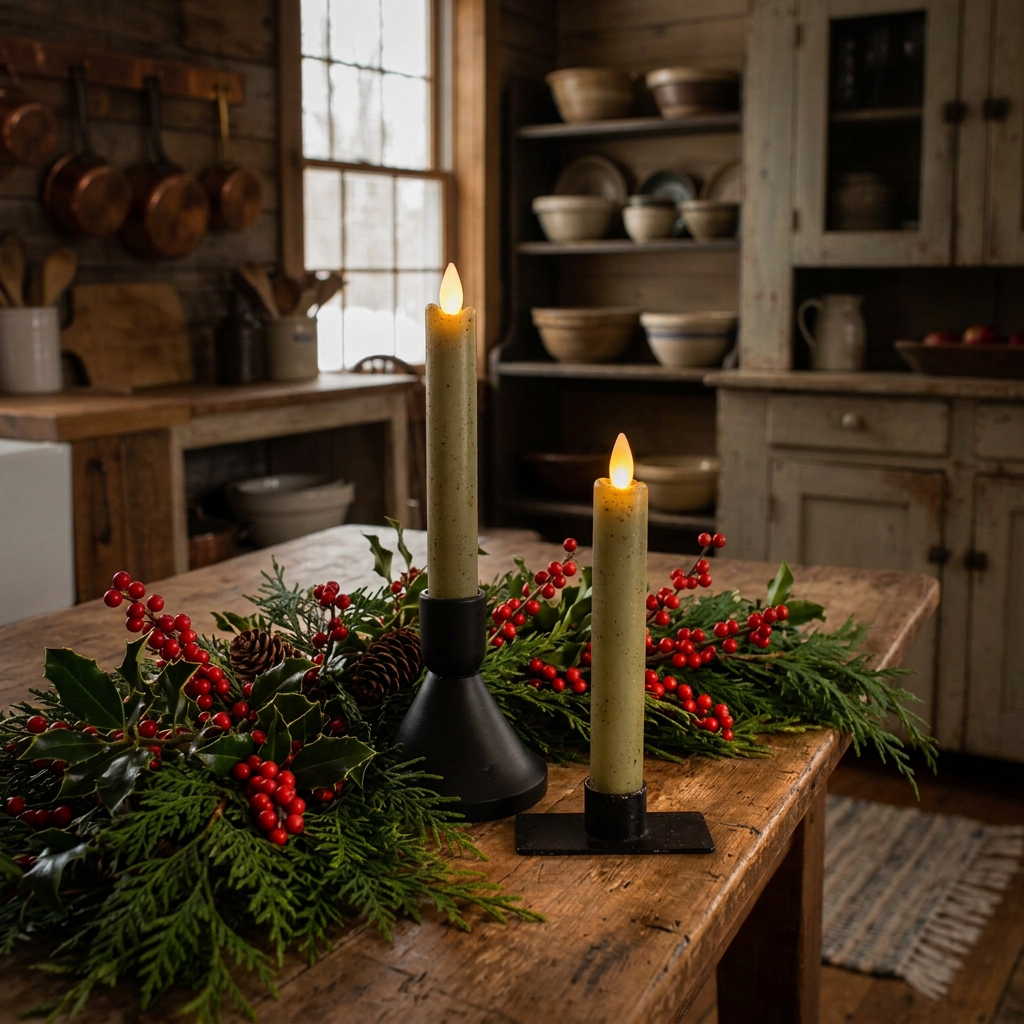 Pair of two green battery operated taper candles on wood table with greens and berries in primitive kitchen setting.
