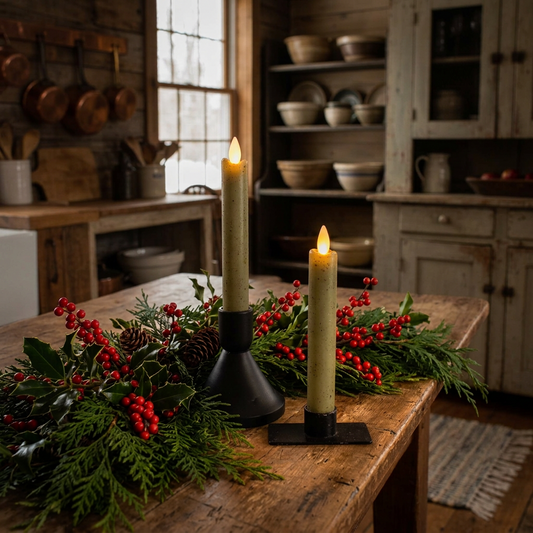 Pair of two green battery operated taper candles on wood table with greens and berries in primitive kitchen setting.