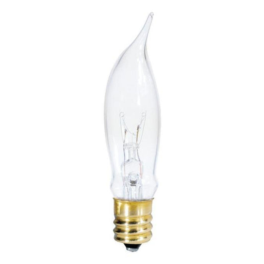 A clear incandescent light bulb with a flame tip and a gold-colored base.