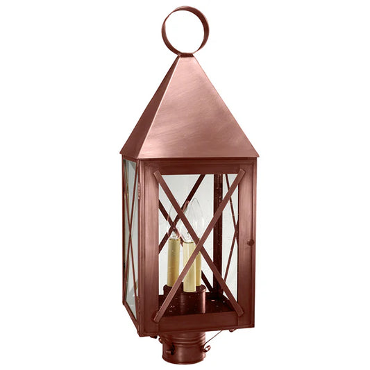 York Post Light with X Bars and 3 Light Cluster - Antique Copper