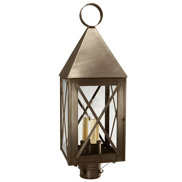 York Post Light with X Bars and 3 Light Cluster - Dark Antique Brass