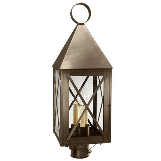 York Post Light with X Bars and 3 Light Cluster - Dark Antique Brass