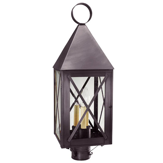 York Post Light with X Bars and 3 Light Cluster - Dark Brass