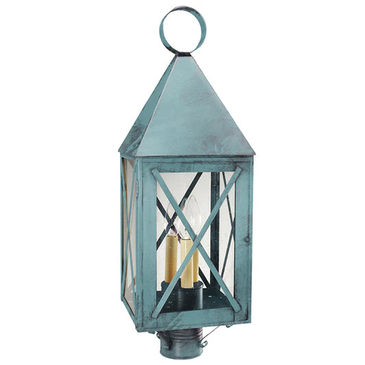 York Post Light with X Bars and 3 Light Cluster - Verdi Gris