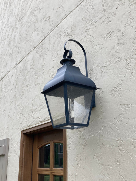 Stanfield Medium Wall Light with Top Scroll and Chimney - Dark Brass